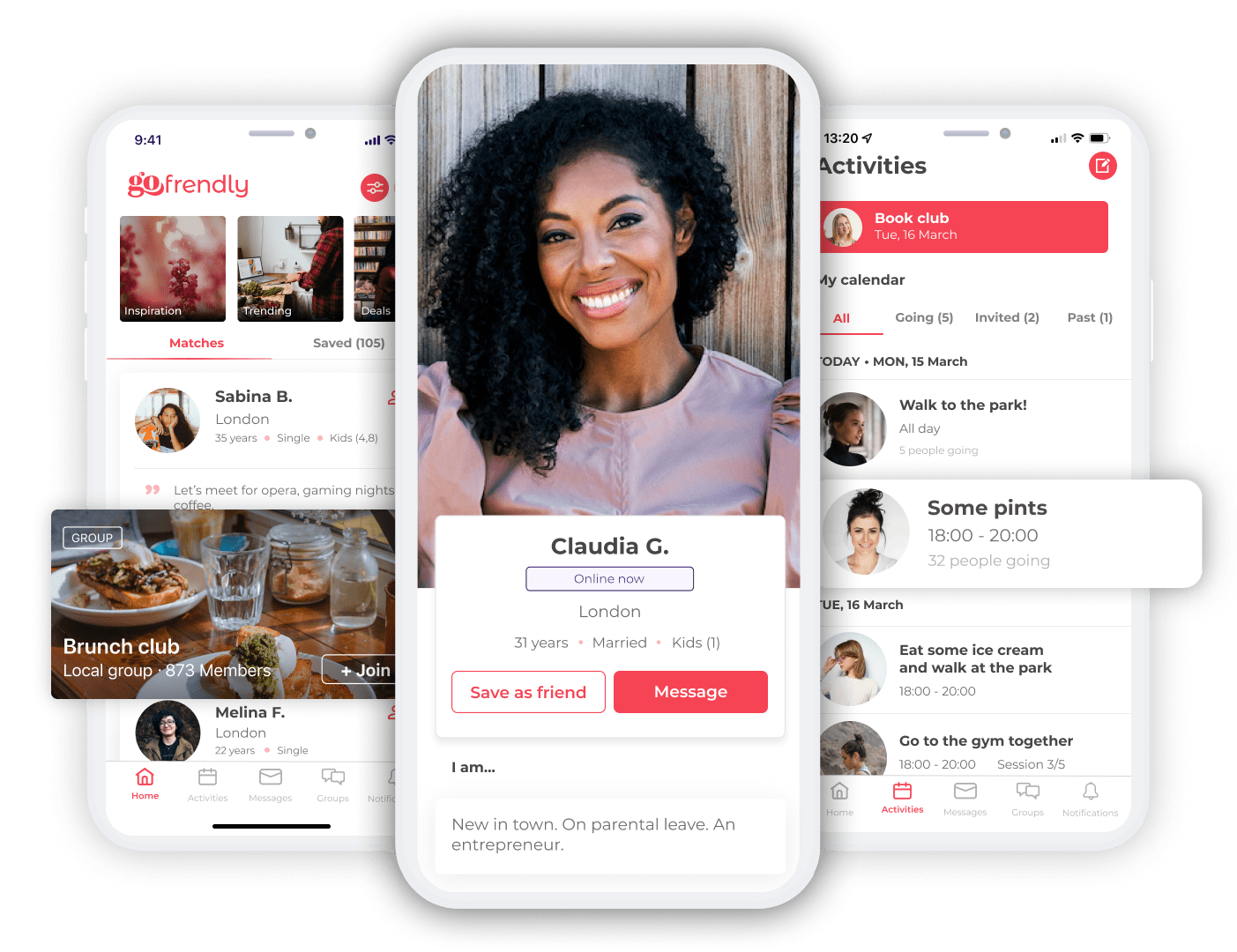 Mobile screens showing the Gofrendly app interface: women connecting through events, profiles and friendship features in New York