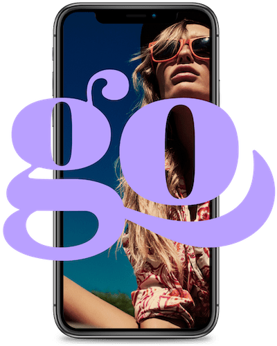 Confident woman inside a smartphone screen overlaid with the Gofrendly logo, symbolizing a global female friendship community spanning ages 18 to 100+
