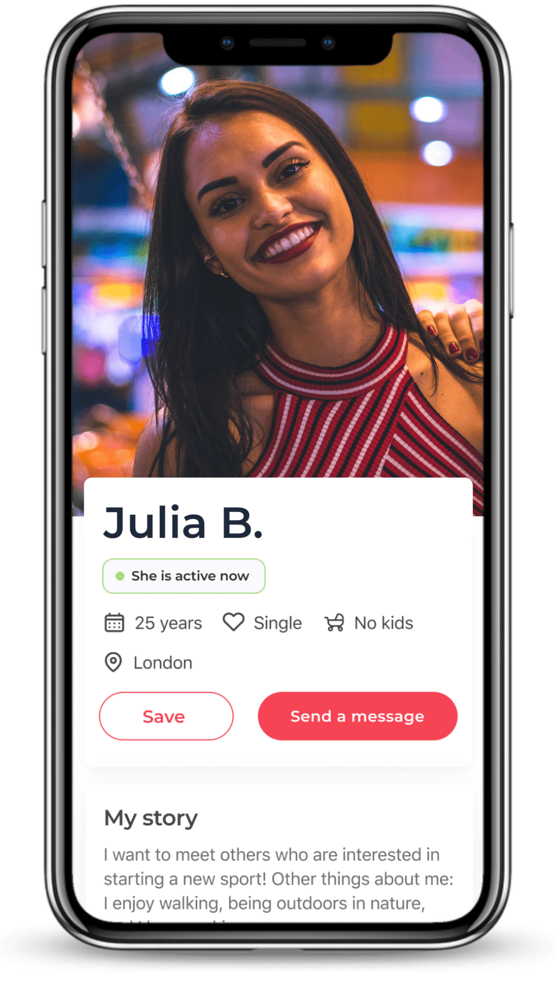Gofrendly user profile – Social app for women to make friends by sharing personal interests and connecting one-on-one.