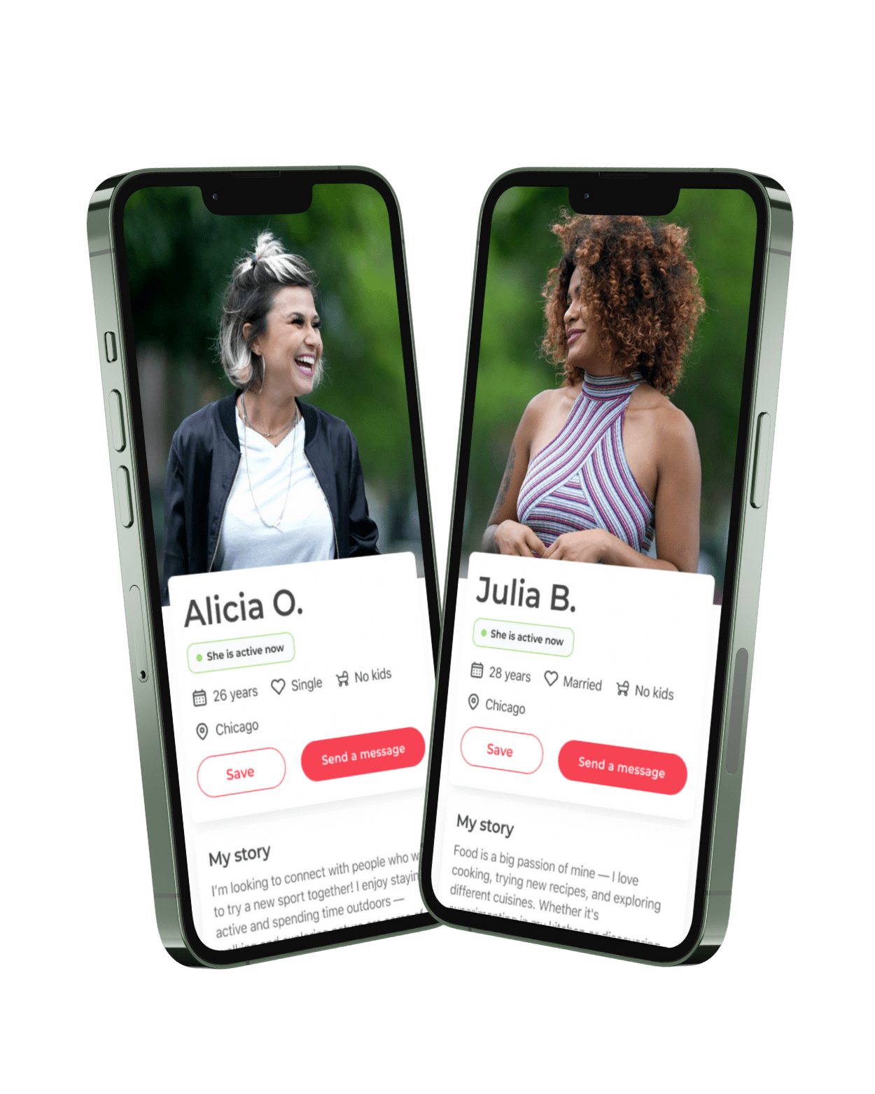 Two smartphone screens showing friendship app profiles of women smiling and connecting.